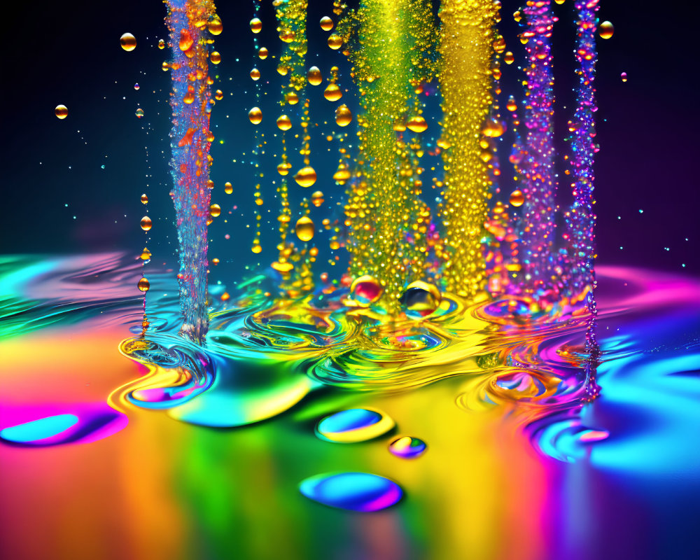 Colorful liquid streams and droplets creating ripples in reflective surface