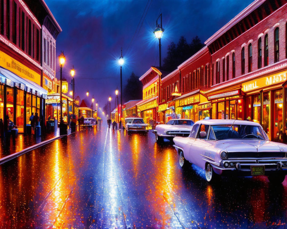 Colorful Neon Lights Reflecting on Wet Pavement in Night Street Scene