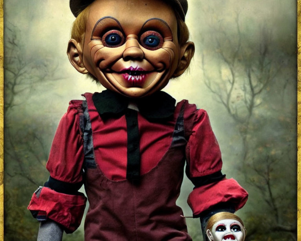 Surreal image of large ventriloquist doll with smaller doll in forest