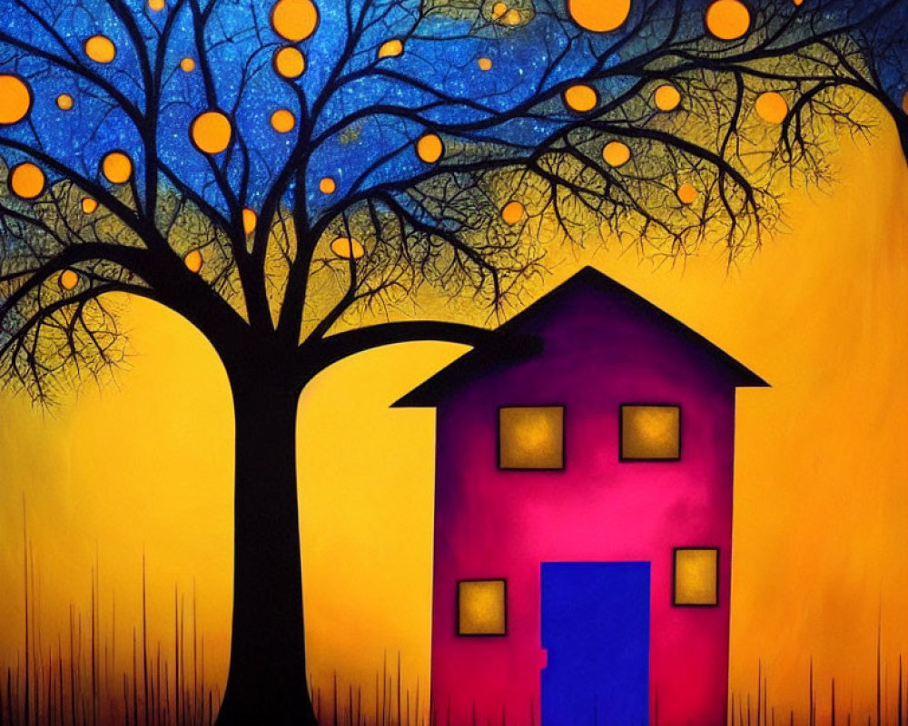 Vivid painting: Blue house under silhouetted tree on colorful sky