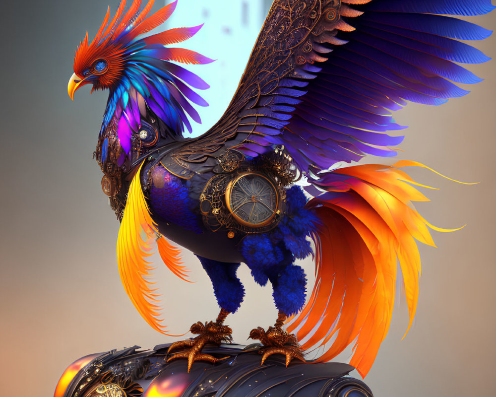 Mechanical mythical bird with fiery tail on steampunk structure