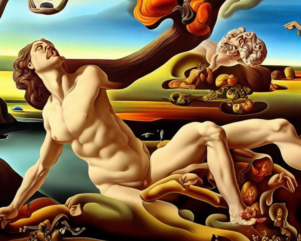 Surrealist painting of muscular figure in dream-like landscape