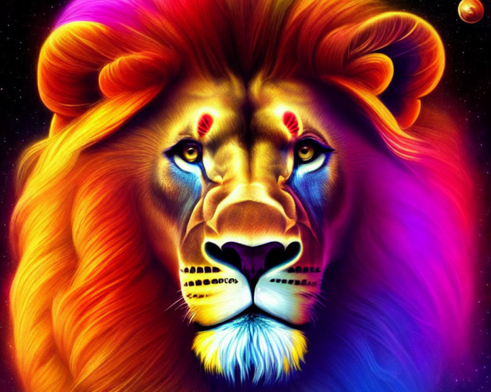 Colorful Lion Illustration with Luminous Mane and Cosmic Background