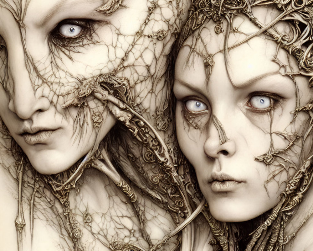 Ethereal pale faces with intricate golden accents and blue eyes