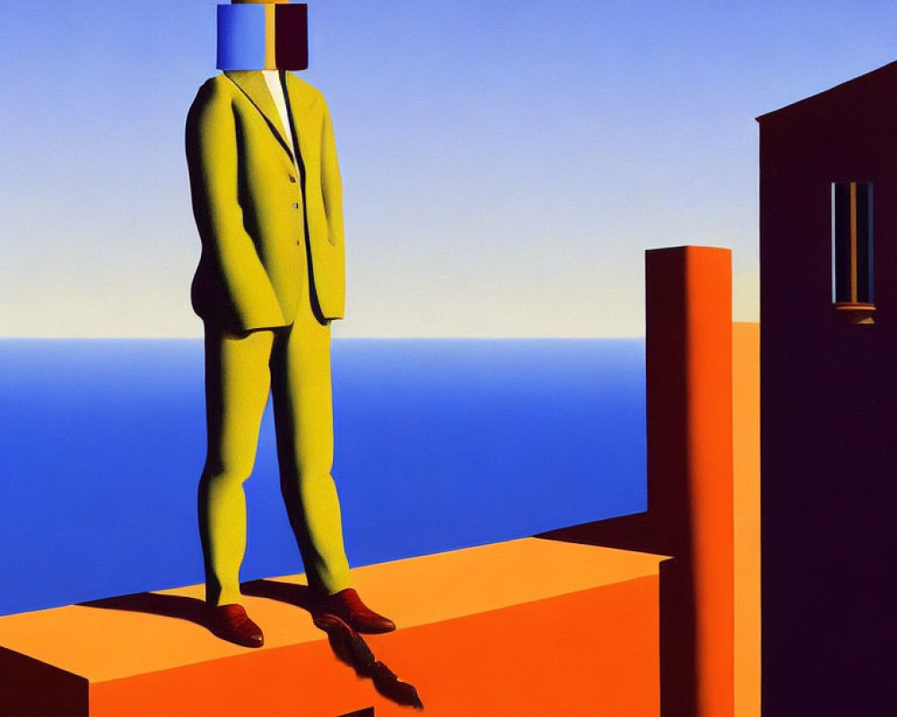 Color-blocked head person on geometric structure with blue sky and sea.