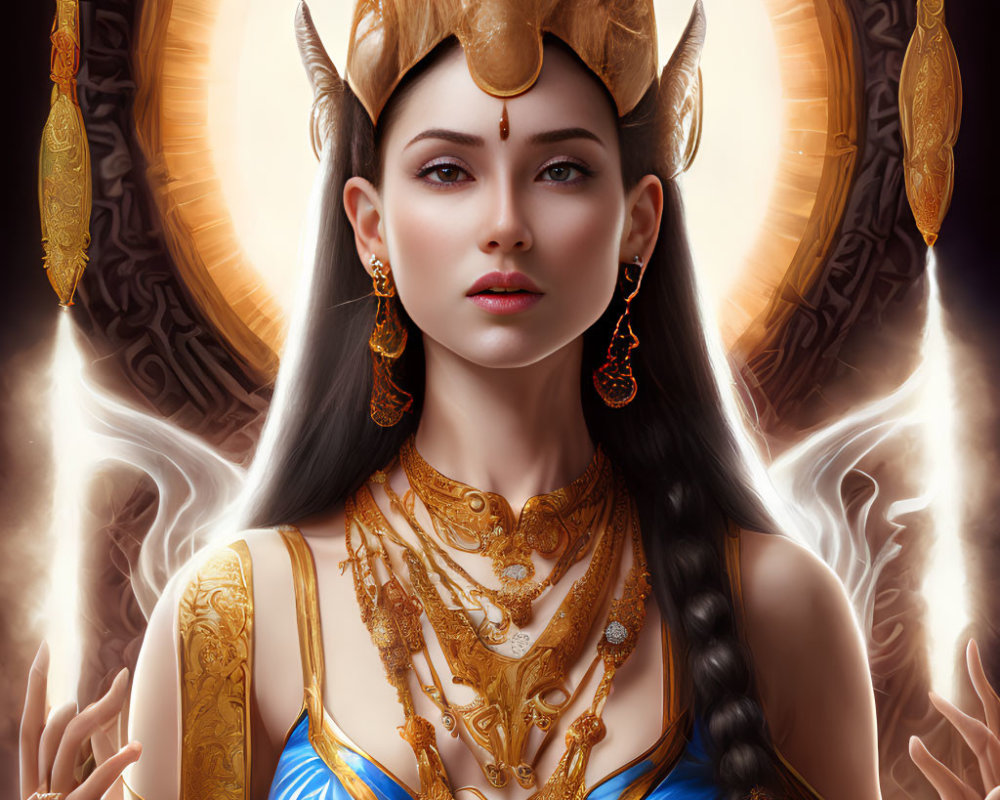 Regal woman in golden crown and blue garment against mystical backdrop