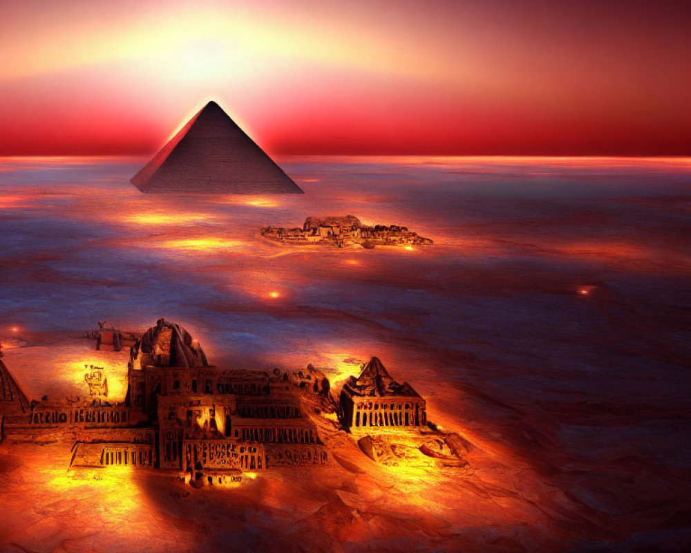 Egyptian pyramid and ancient ruins at sunset with golden lights and red sky