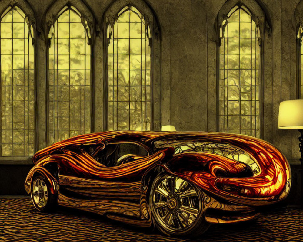 Futuristic red and orange flame pattern car in gothic-style room