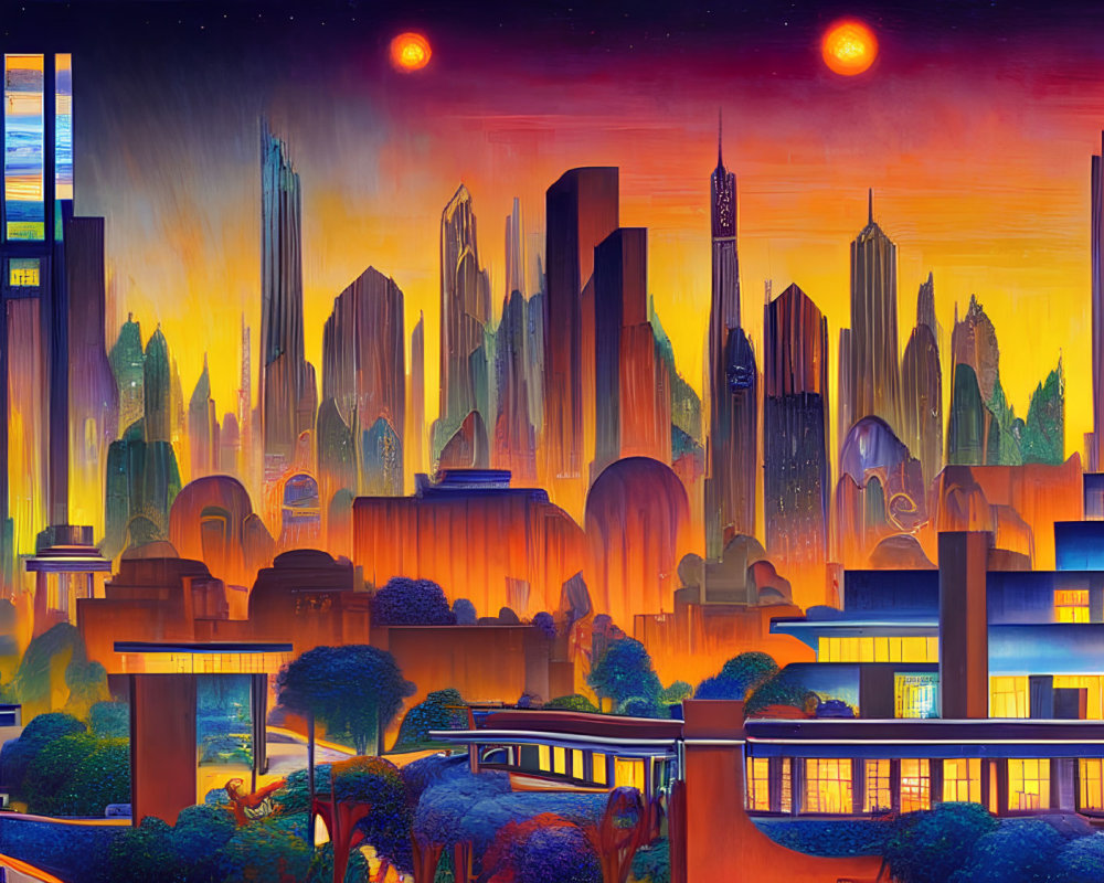 Vibrant sunset cityscape with skyscrapers, green areas, and monorail tracks