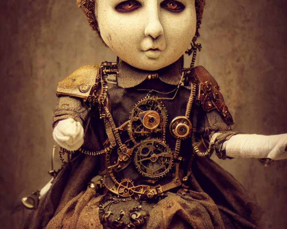 Steampunk-style doll with mechanical features and vintage dress adorned with gears and cogs