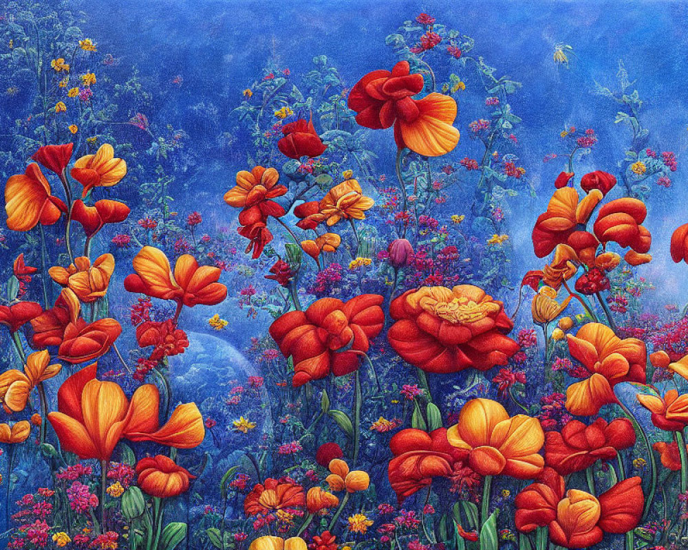 Colorful painting of red and orange flowers on deep blue background