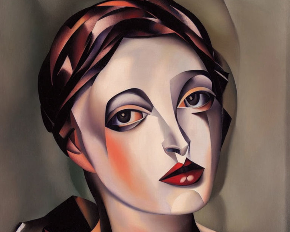 Cubist-style portrait of a woman with red lips and intense gaze