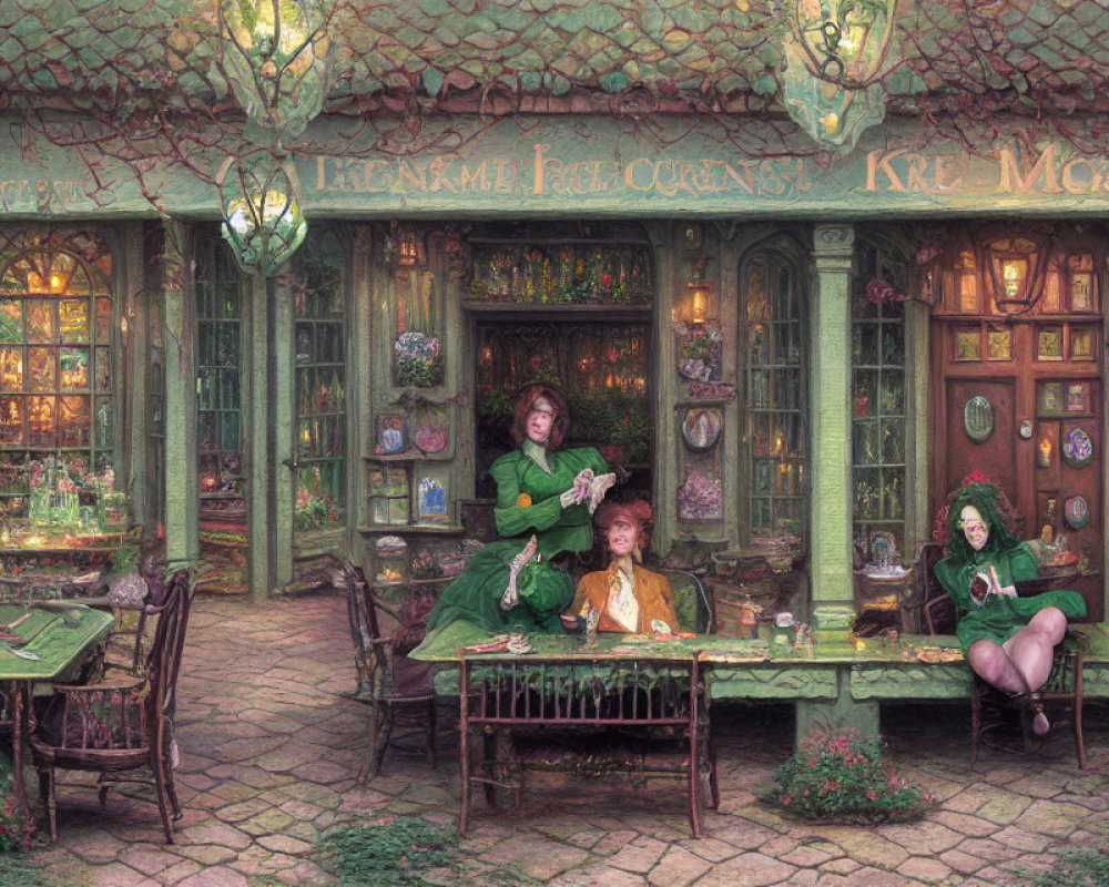 Three Individuals in Green Attire Enjoying Leisure Activities Outside Ivy-Adorned Cottage