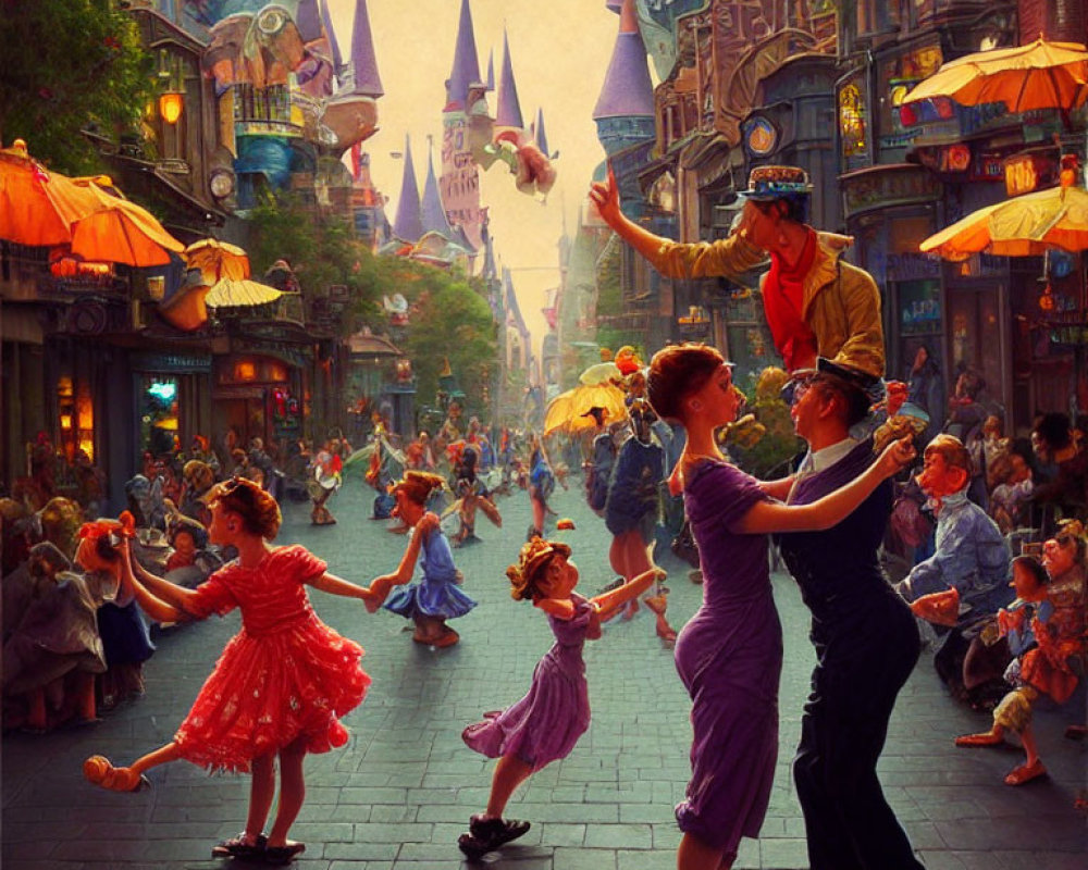 Colorful street scene with dancing people and whimsical buildings