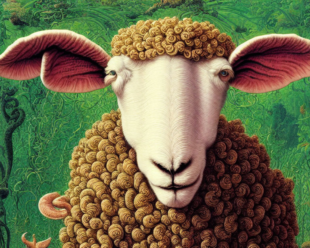 Detailed Close-Up Illustration: Curly-Fleeced Sheep on Green Plant Background