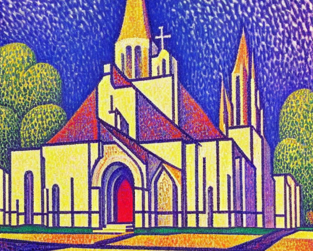 Colorful pointillist painting: Church with spire, trees, starry sky