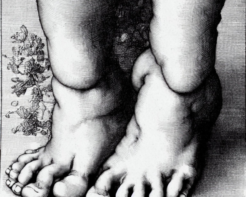 Detailed Black and White Engraving of Human Feet Next to Delicate Flower Cluster