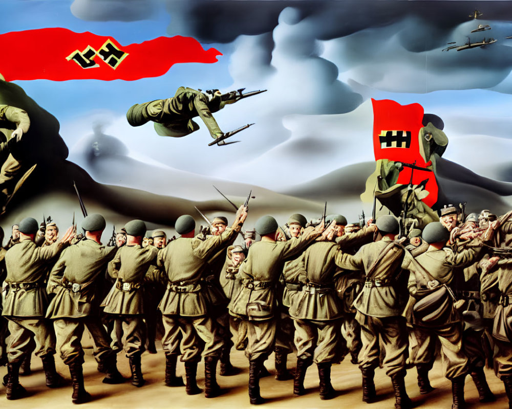 Stylized World War II propaganda poster featuring armed soldiers and fighter planes.