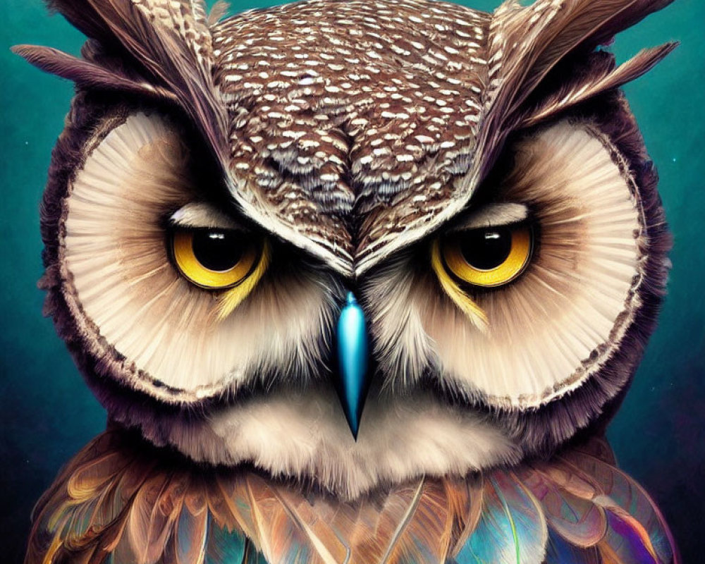 Colorful Owl Illustration with Detailed Feathers and Intense Eyes