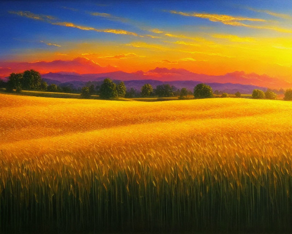 Colorful Sunset Painting with Wheat Field and Mountains