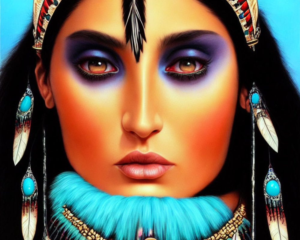 Portrait of woman with striking makeup in Native American attire