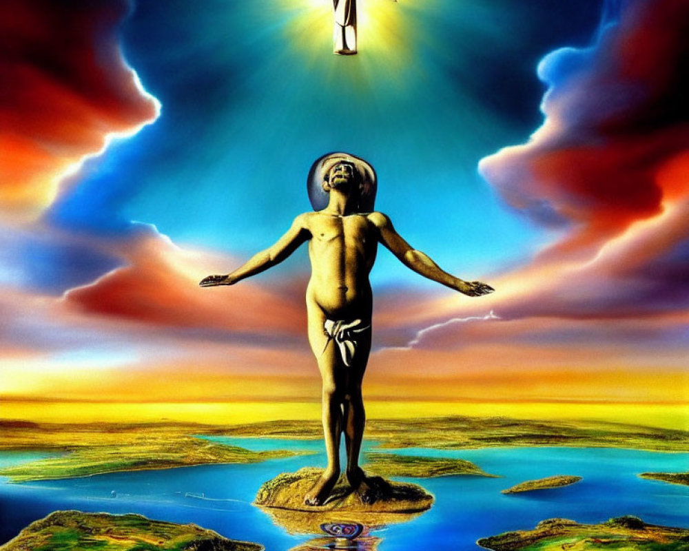 Figure hovering above child on water with aligned chakras against colorful sky and land