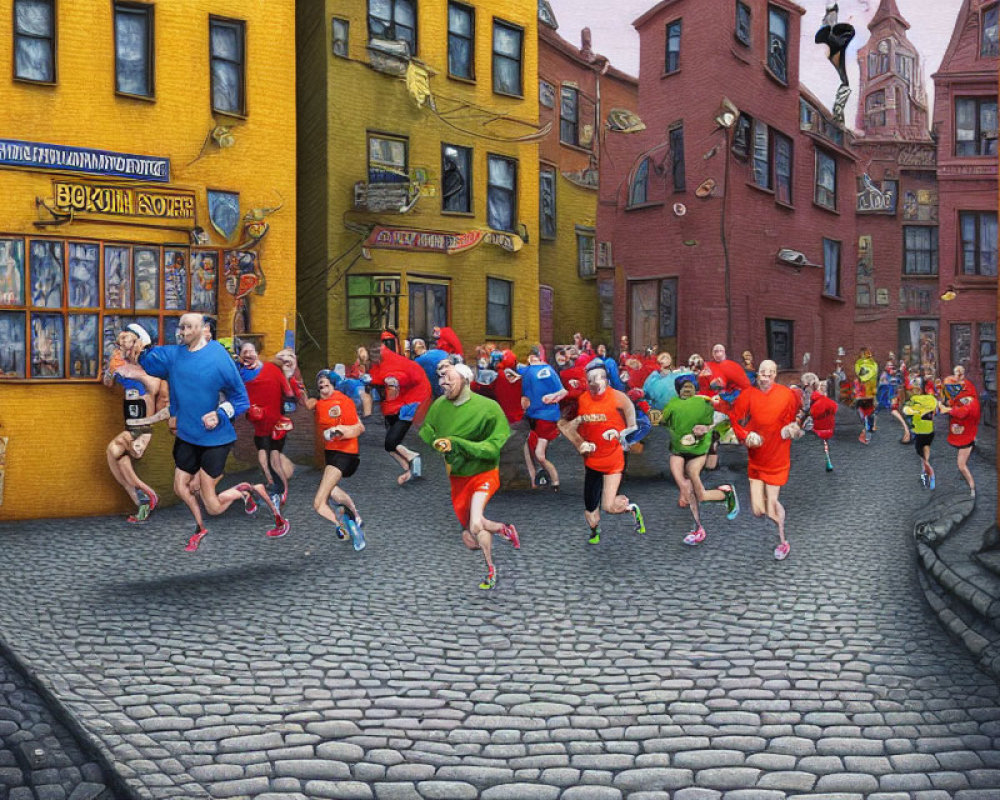 Vibrant runners race down cobblestone street with colorful buildings