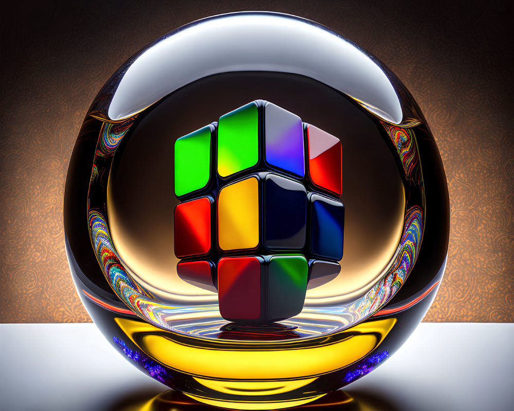 Rubik's Cube in Transparent Sphere with Vibrant Reflections and Colored Bands