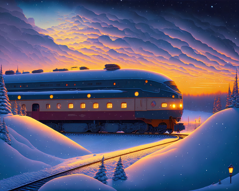 Vintage train in snowy landscape at dusk with dramatic sky and warm lights