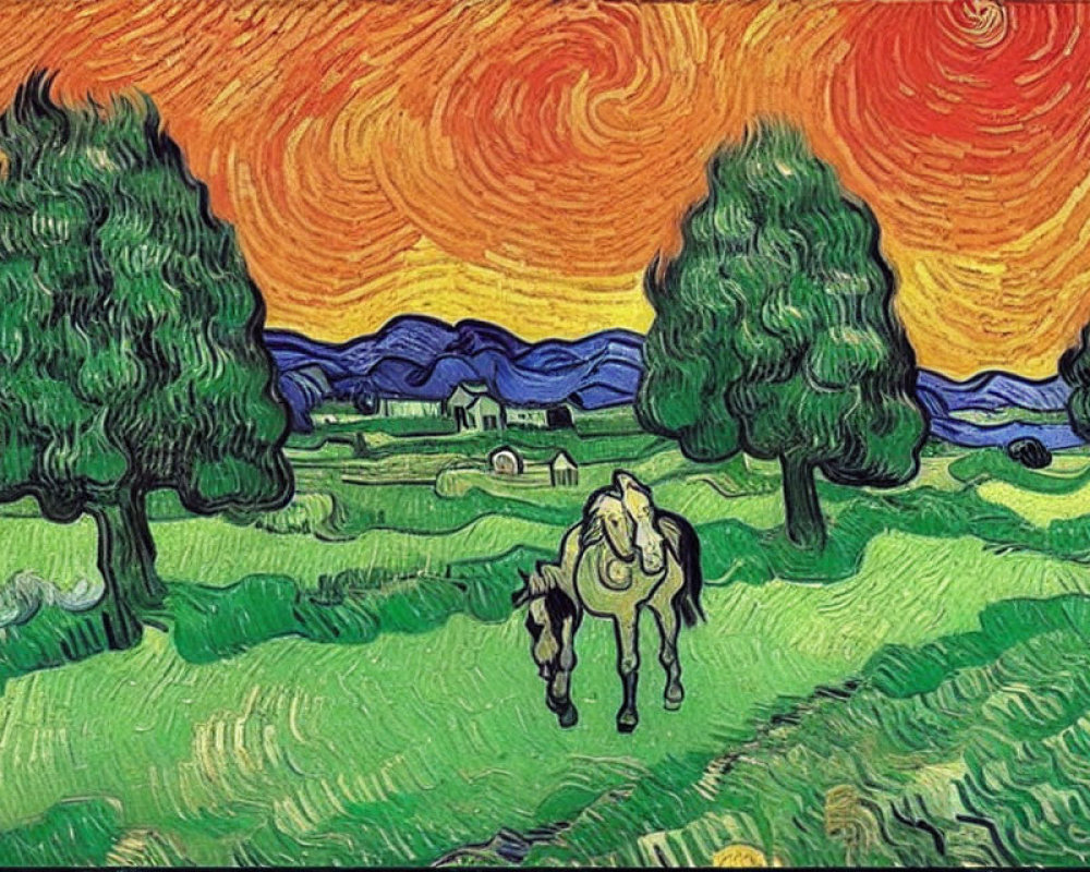 Post-Impressionist painting with swirling sky, cypress trees, hills, and horse