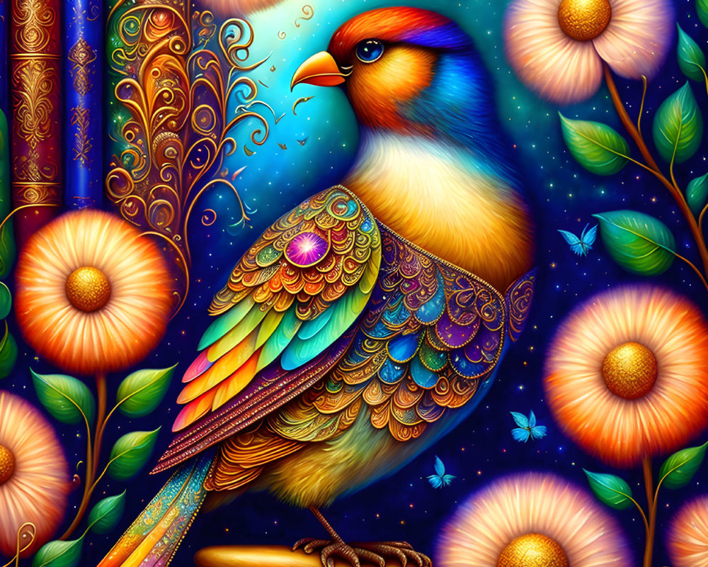 Colorful stylized bird illustration with intricate patterns and lush foliage.