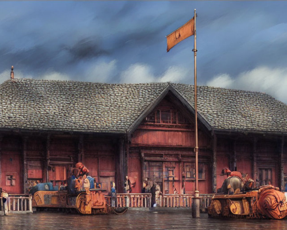 Rustic wooden building with flag and ox-drawn carts under moody sky