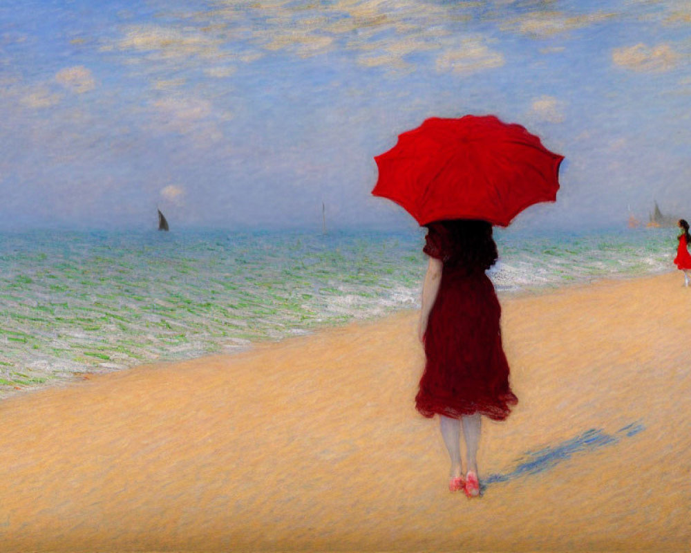 Woman in red dress with red umbrella on beach, child running, boats and cloudy sky.