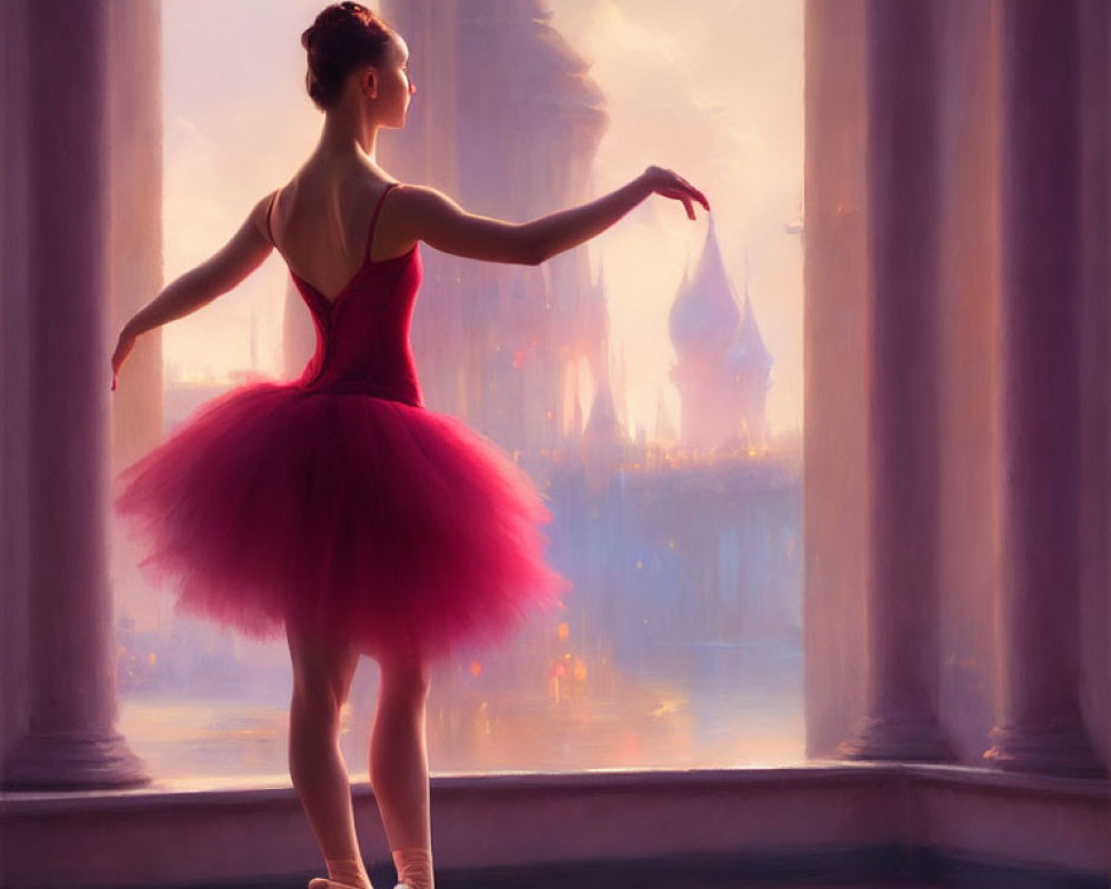 Red Tutu Ballerina Posed by Window in Dreamy Landscape