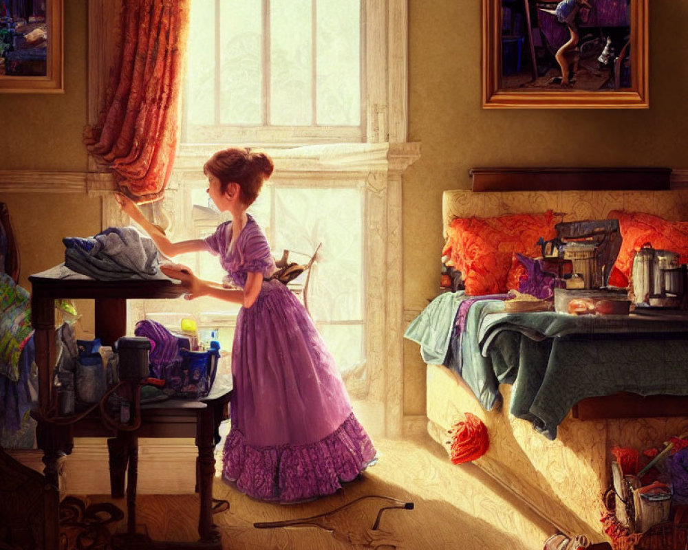 Woman in purple dress ironing in vintage room with violin painting