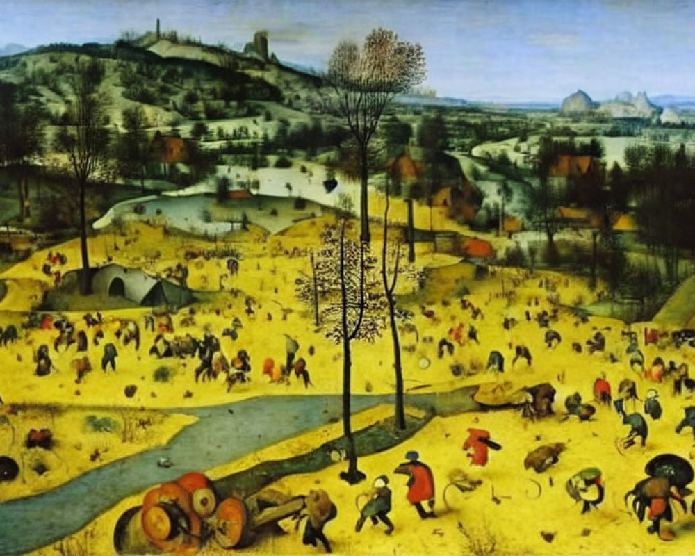 Medieval landscape painting with villagers in rural setting