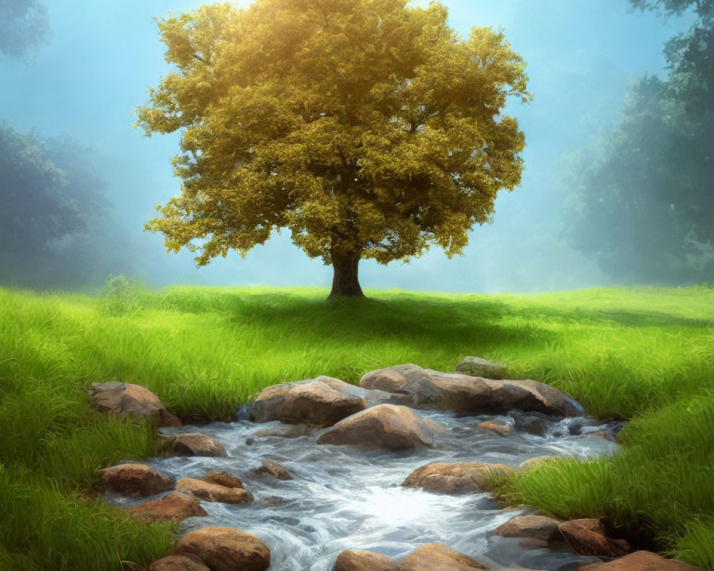 Solitary tree with golden leaves in lush meadow with stream