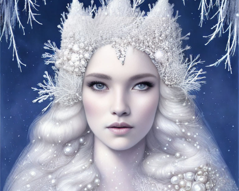 Portrait of woman with ice-themed appearance and pearlescent crown, white hair, snowy background