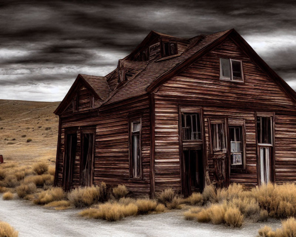 Abandoned wooden house under dark, cloudy sky