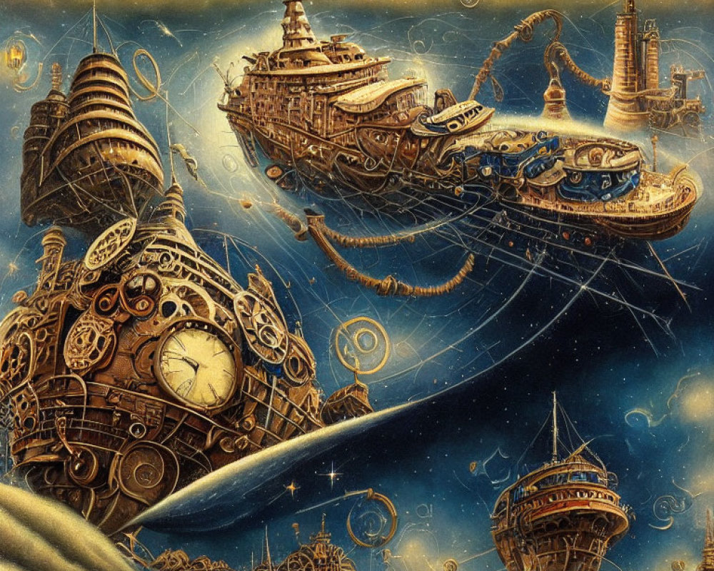 Mechanically intricate surreal ships in celestial space with steampunk aesthetic