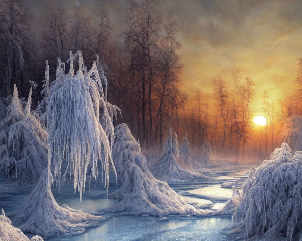 Frozen landscape at sunset: ice-encrusted trees, frozen river, warm setting sun glow.