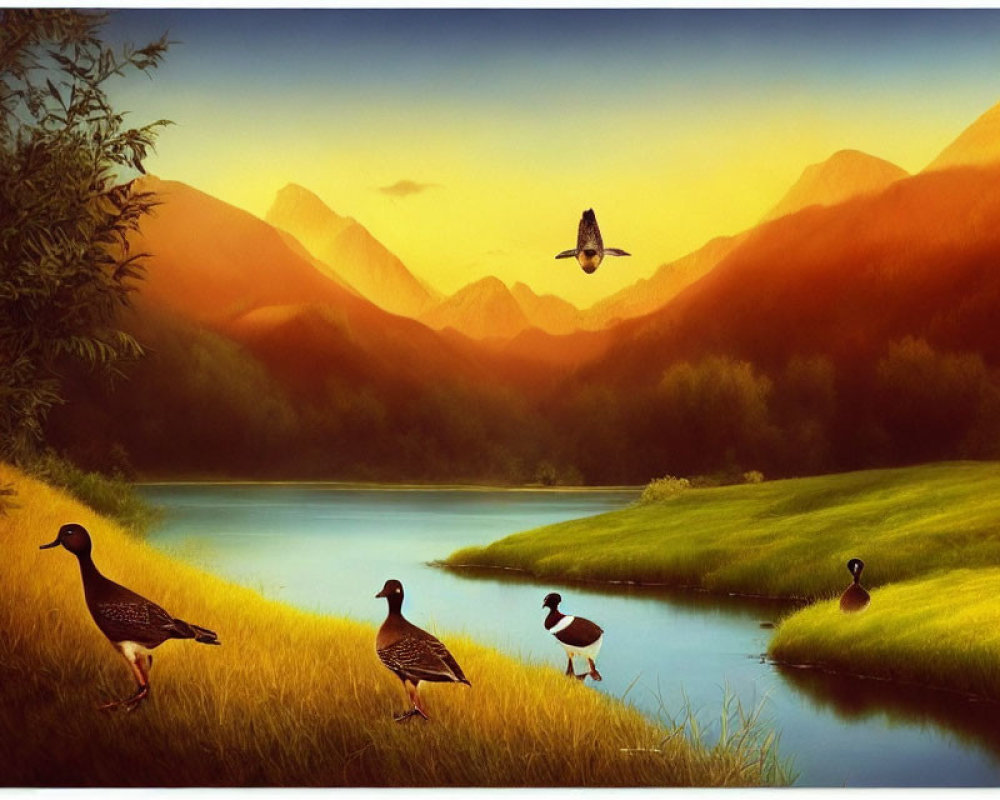 Tranquil lake scene with ducks, mountains, and sunset colors