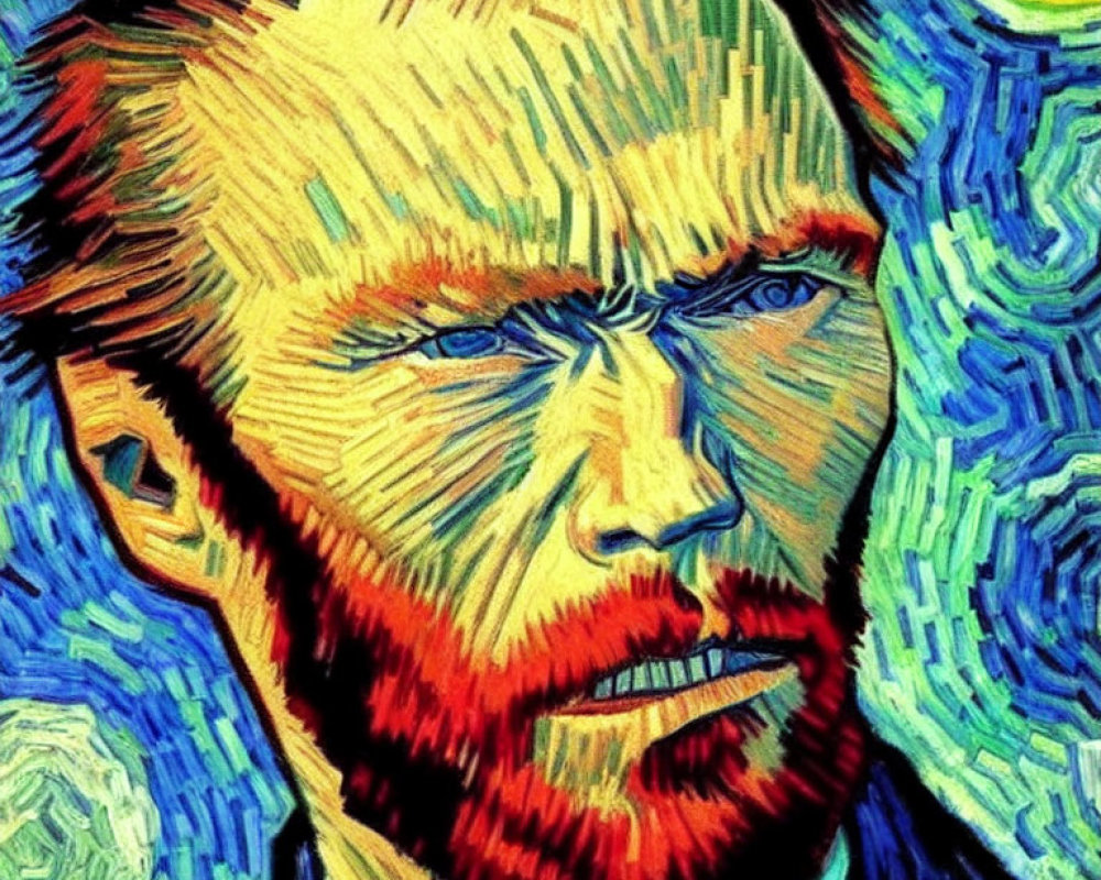 Vibrant swirls in blue, yellow, green, and red depict a stern, bearded