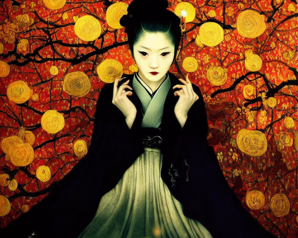 Traditional Japanese attire woman sitting elegantly against vibrant gold and red patterned trees