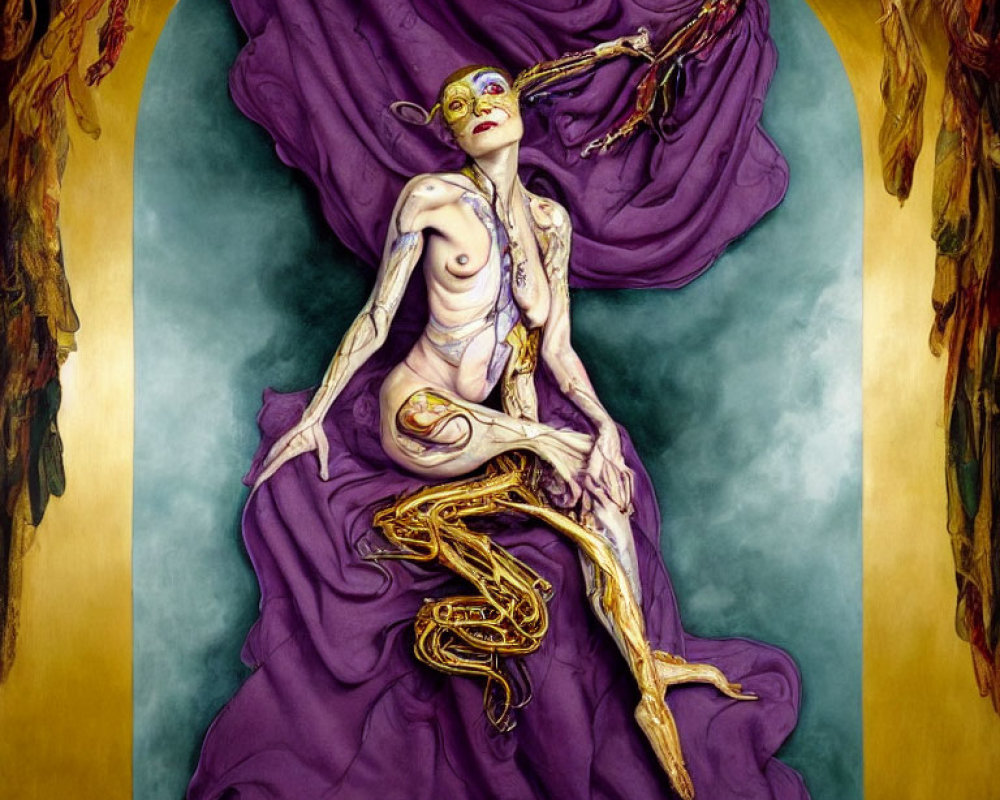 Elfin creature in purple cloth with gold accents on surreal background