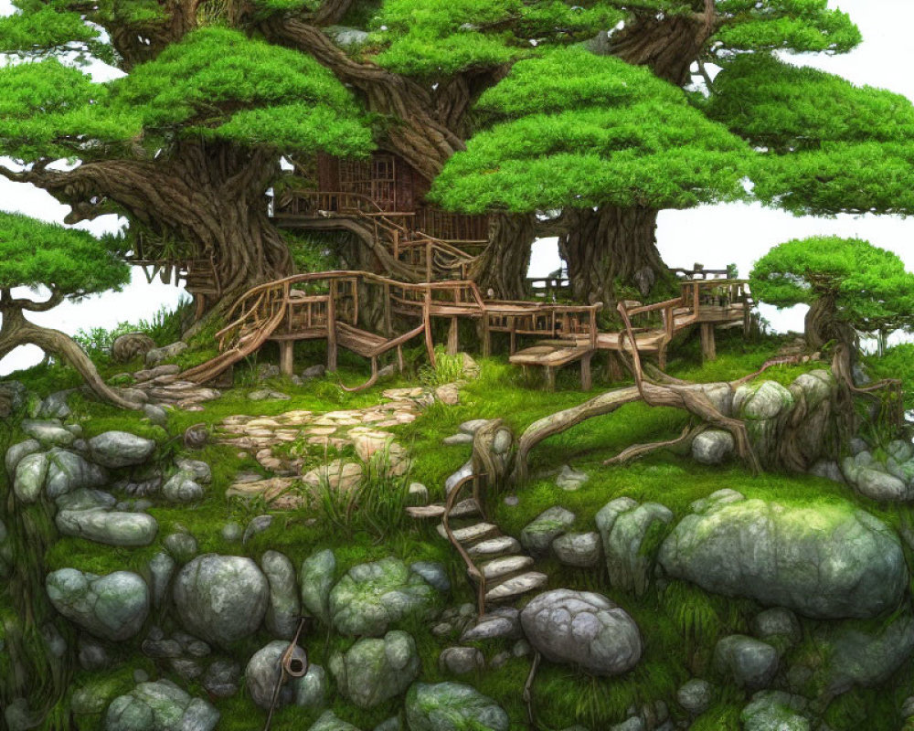 Illustration of large tree with wooden treehouse and staircase in lush green setting