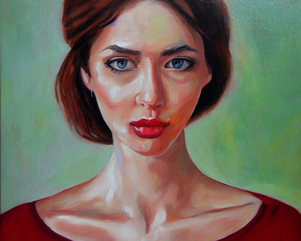 Realistic portrait of woman with short brown hair and red lips on greenish background