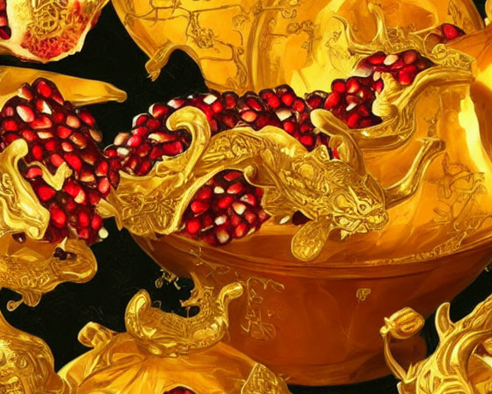 Intricate Golden Pomegranates & Ornaments on Black Background