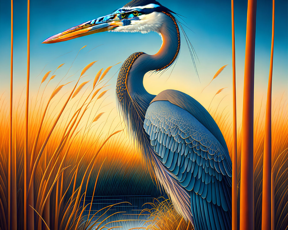 Detailed Great Blue Heron Illustration in Sunset Setting