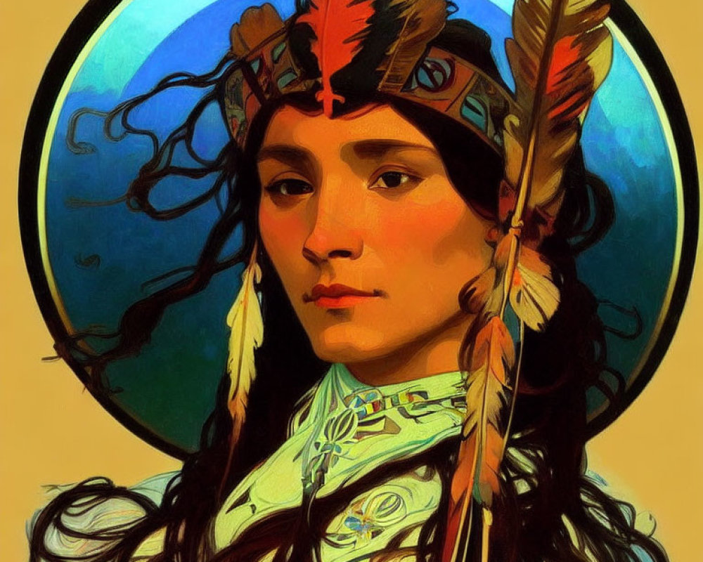 Illustration of person with feathers, headband, jewel, and halo circle.